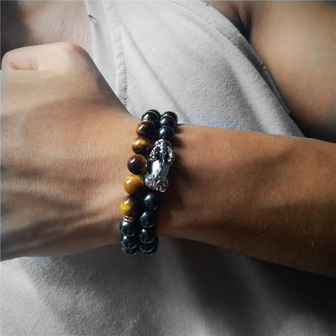 Stainless Steel Pixiu, Hematite & Tiger Eye Stone GOOD FORTUNE 2pc Bracelet Set